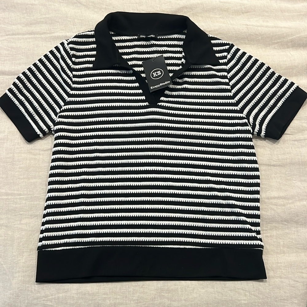 Knapp Studio Stripped V-Neck Short Sleeve Sweater Size L
